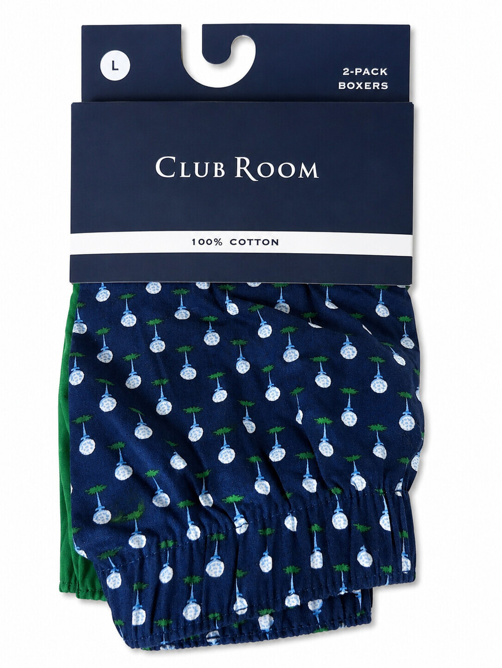 Club Room Men's 2-Pack Cotton Boxers Golf Print Green Navy Size L NWT